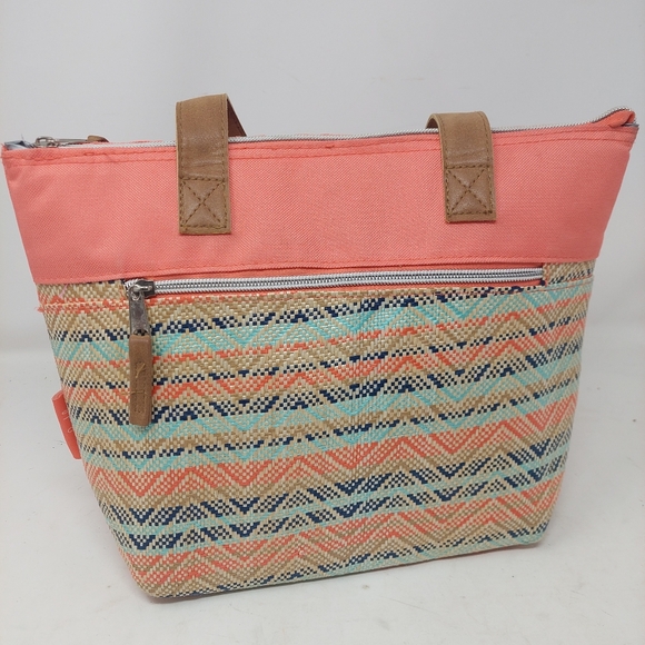 Emma & Chloe Salmon Pink Blue Woven Chevron Insulated Lunch Bag Beachy Coastal - Picture 3 of 12